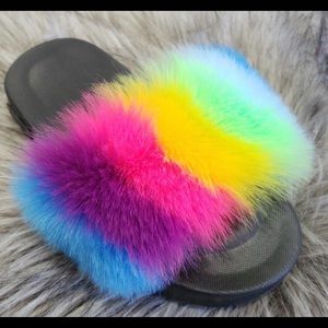 Girls Faux Fur Rainbow Slides With Black Soles.